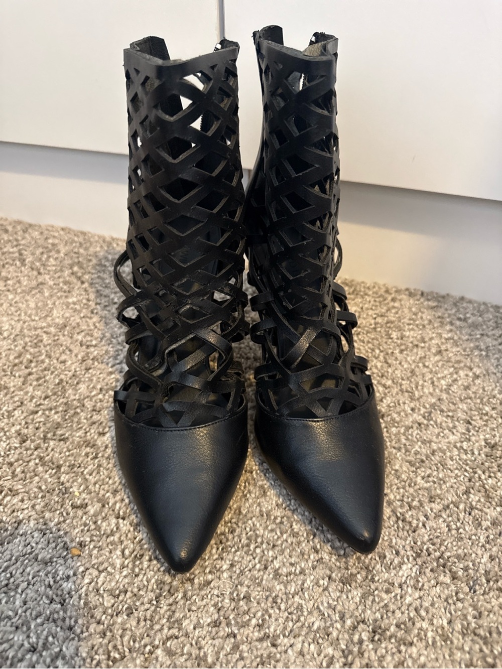 Black Cutout Lace-Up Pointed-Toe Women's Booties